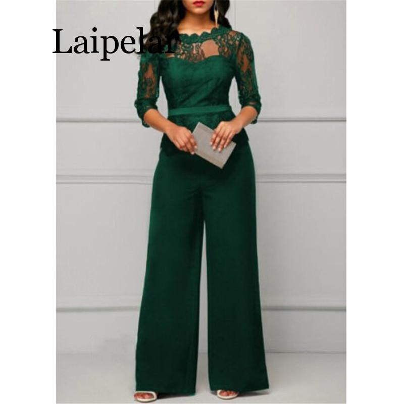 Salopetă de modă pentru femei, mărime mare, oferta caldă, salopetă de petrecere, de culoare solidă, cu jumătate de dantelă, salopetă lungă elegantă