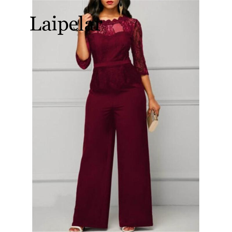 Salopetă de modă pentru femei, mărime mare, oferta caldă, salopetă de petrecere, de culoare solidă, cu jumătate de dantelă, salopetă lungă elegantă