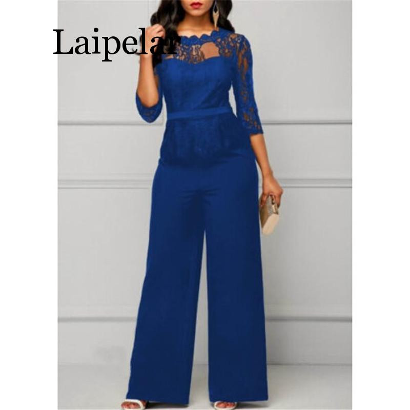 Salopetă de modă pentru femei, mărime mare, oferta caldă, salopetă de petrecere, de culoare solidă, cu jumătate de dantelă, salopetă lungă elegantă