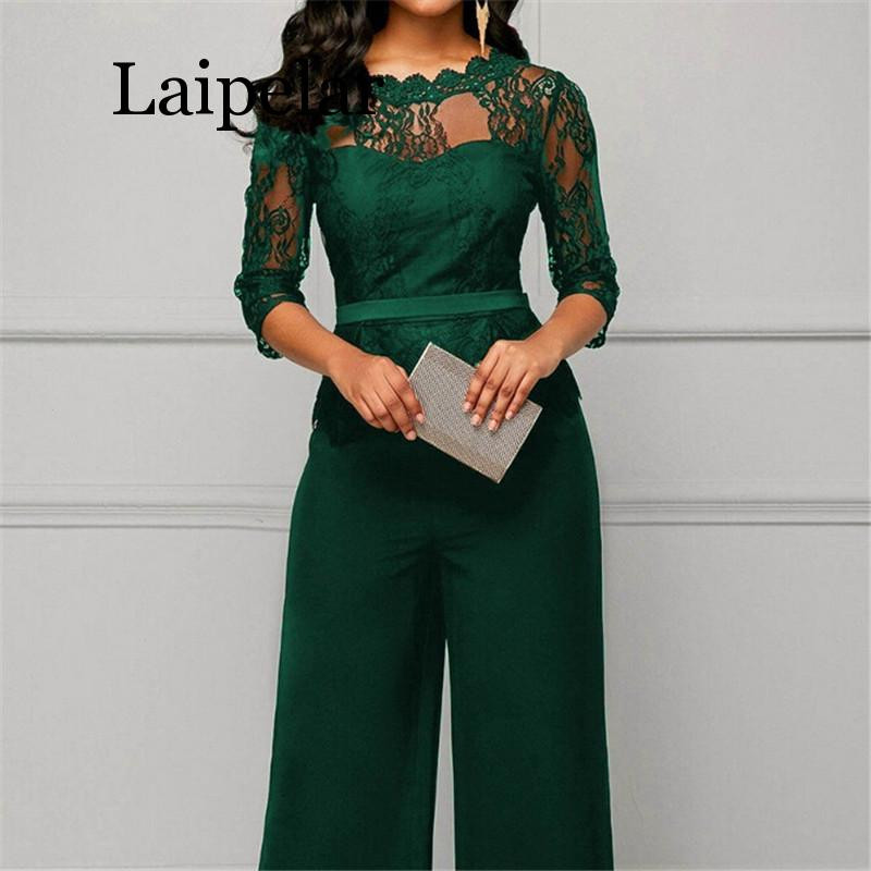 Salopetă de modă pentru femei, mărime mare, oferta caldă, salopetă de petrecere, de culoare solidă, cu jumătate de dantelă, salopetă lungă elegantă