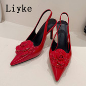 Liyke 2023 pantofi noi pantofi femei modă flori roșii design vârf ascuțit nuntă bal tocuri înalte sandale elastice cu slingback
