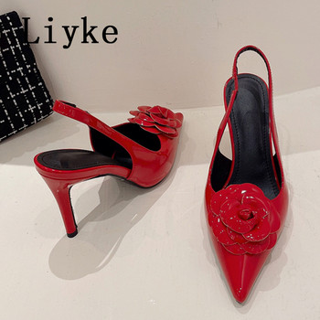 Liyke 2023 Нови помпи Дамски обувки Модни червени цветя Дизайн Сватбени абитуриентски балове с високи токчета Еластичен сандал с приплъзване