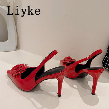Liyke 2023 Нови помпи Дамски обувки Модни червени цветя Дизайн Сватбени абитуриентски балове с високи токчета Еластичен сандал с приплъзване