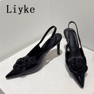 Liyke 2023 pantofi noi pantofi femei modă flori roșii design vârf ascuțit nuntă bal tocuri înalte sandale elastice cu slingback