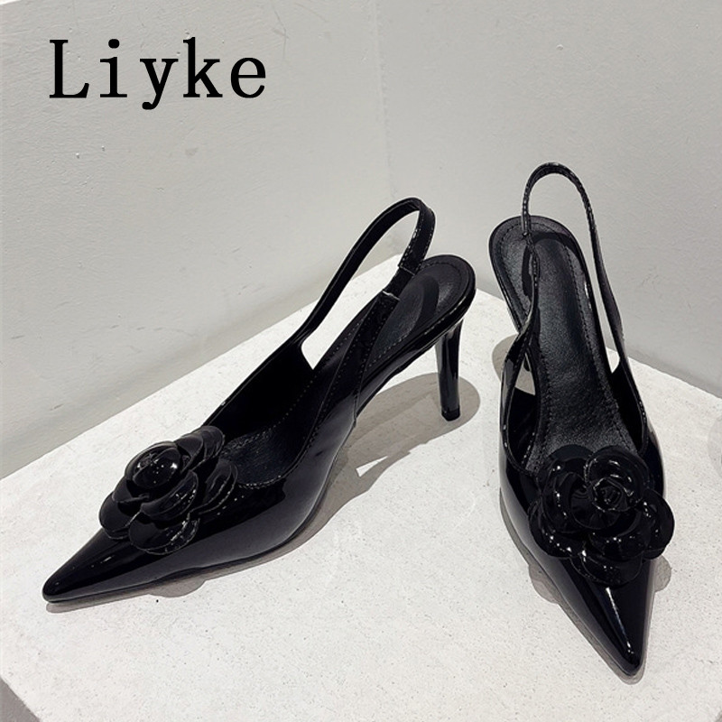 Liyke 2023 pantofi noi pantofi femei modă flori roșii design vârf ascuțit nuntă bal tocuri înalte sandale elastice cu slingback