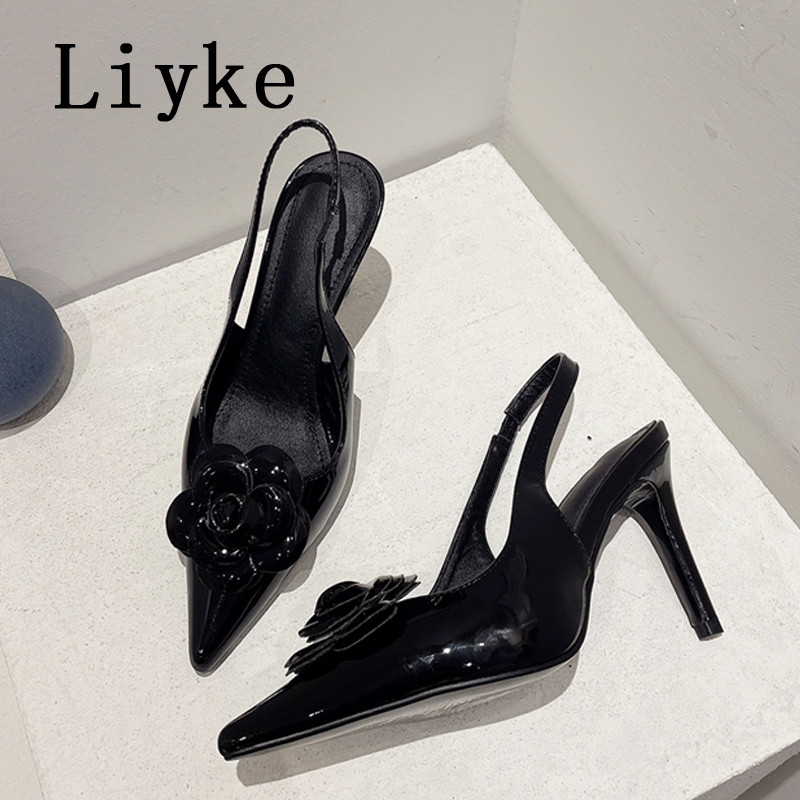 Liyke 2023 pantofi noi pantofi femei modă flori roșii design vârf ascuțit nuntă bal tocuri înalte sandale elastice cu slingback