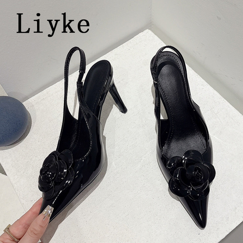 Liyke 2023 pantofi noi pantofi femei modă flori roșii design vârf ascuțit nuntă bal tocuri înalte sandale elastice cu slingback