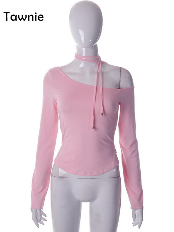 Tawnie Y2K kratke majice dugih rukava s otvorenim ramenima Ženske jesenske 2023. Seksi uske Vintage ružičaste majice Ležerna odjeća Streetwear Club