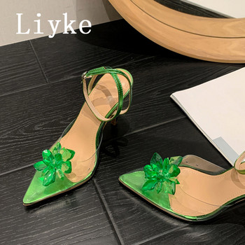 Liyke Пролетен стил Crystal Flower Дамски помпи Секси каишки около глезена Остри пръсти Тънки токчета Slingback Обувки PVC прозрачни сандали
