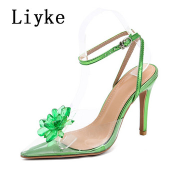 Liyke Пролетен стил Crystal Flower Дамски помпи Секси каишки около глезена Остри пръсти Тънки токчета Slingback Обувки PVC прозрачни сандали