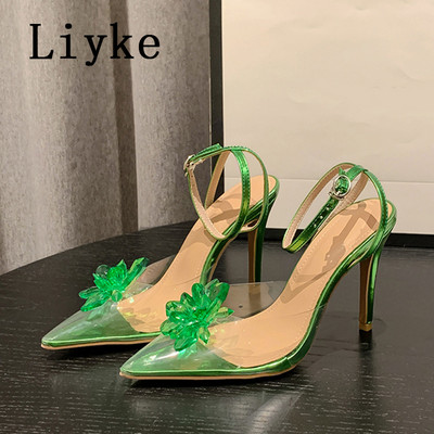 Liyke proljetni stil Crystal Flower Ženske pumpe Seksi remen za gležnjeve Špice na tanke pete Cipele na remen PVC Prozirne sandale