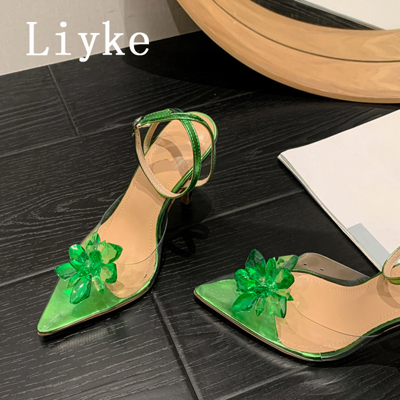 Liyke proljetni stil Crystal Flower Ženske pumpe Seksi remen za gležnjeve Špice na tanke pete Cipele na remen PVC Prozirne sandale