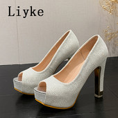 Liyke Proljeće Ljeto Platnene platforme sa šljokicama Ženske salonke Seksi cipele s visokim potpeticama s otvorenim prstima Vjenčane banketne cipele Escarpins Femme