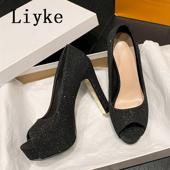 Liyke Пролет Лято Платформа с пайети Дамски помпи Секси обувки с високи токчета с високи токчета Сватбени банкетни обувки Escarpins Femme