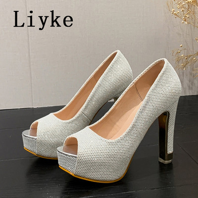 Liyke tavaszi nyár flitteres ruhával emelvény női pumpák Szexi peep Toe Slingback magassarkú esküvői bankett cipő Escarpins Femme