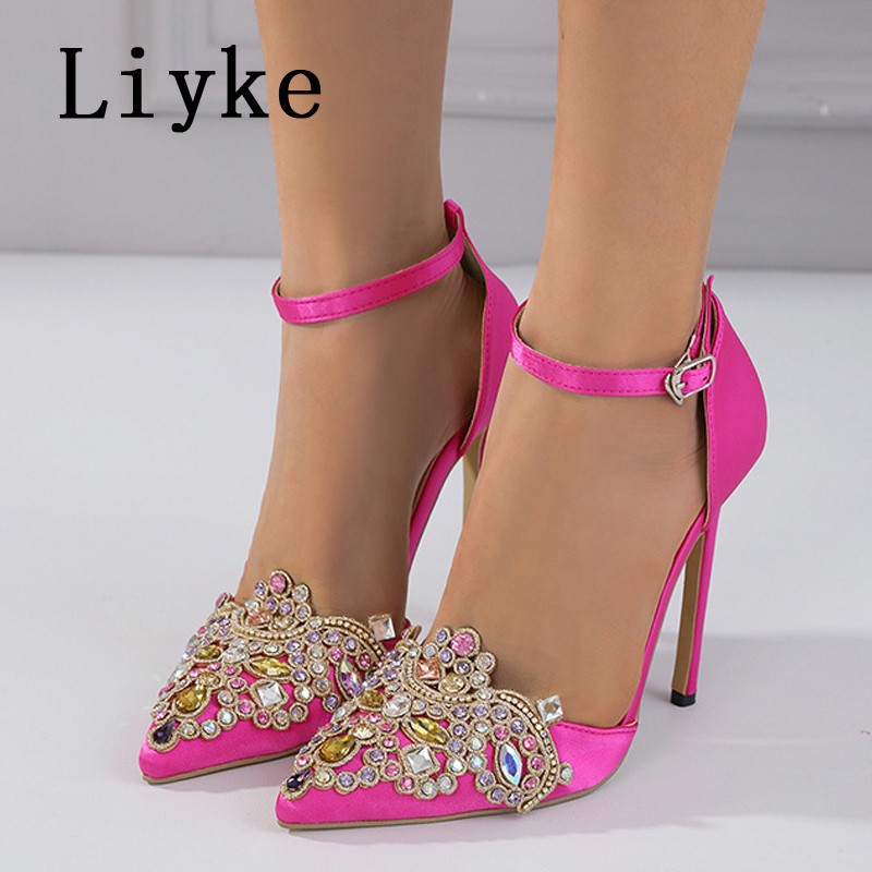 Liyke 2023, nove modne ženske sandale s štiklama od kristala, elegantne cipele za vjenčanje, visoke potpetice, cipele na špicu, ženske cipele