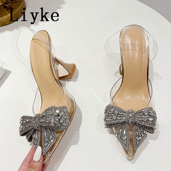 Liyke Елегантни дамски парти сватбени обувки Модни кристални пеперуди с високи токчета Секси остри пръсти PVC прозрачни помпи Сандали Дамски