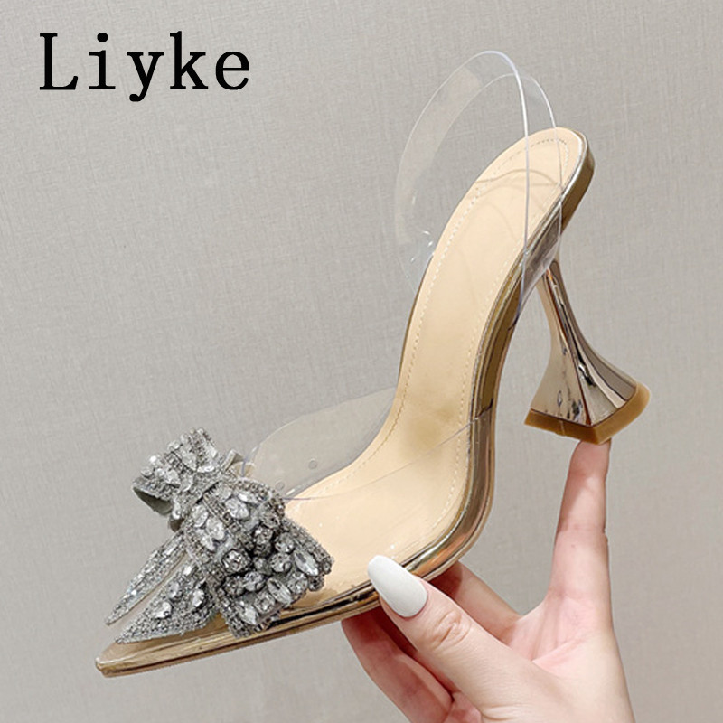 Liyke Pantofi de nuntă de petrecere eleganti pentru femei, pantofi de nuntă, de modă, de cristal, cu tocuri înalte, sexy, cu vârf ascuțit din PVC, pompe transparente, sandale pentru damă