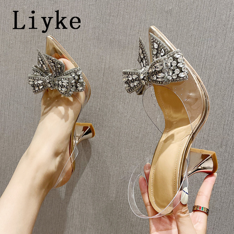 Liyke Pantofi de nuntă de petrecere eleganti pentru femei, pantofi de nuntă, de modă, de cristal, cu tocuri înalte, sexy, cu vârf ascuțit din PVC, pompe transparente, sandale pentru damă