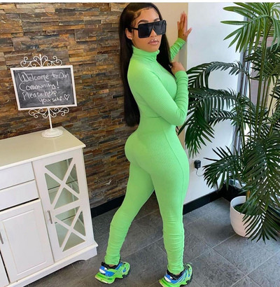 Neonski pleteni rebrasti uzdignuti kombinezon Složene tajice Sivi kombinezon za fitness Sportska odjeća s patentnim zatvaračem Ženski kombinezon s dolčevitima i dugim rukavima