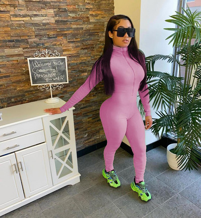 Neoniniai megzti šonkauliai Bodycon sukrauti antblauzdžiai kombinezonas Pilkas kūno rengybos sportinė apranga su užtrauktuku ilgomis rankovėmis, apatiniu kaklu, moteriškas kombinezonas