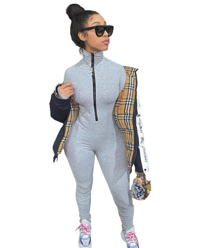 Neonski pleteni rebrasti uzdignuti kombinezon Složene tajice Sivi kombinezon za fitness Sportska odjeća s patentnim zatvaračem Ženski kombinezon s dolčevitima i dugim rukavima