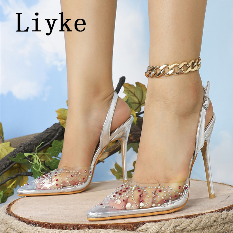 Liyke 2023 Nové PVC priehľadné dámske lodičky Sexy slingback vysoké podpätky farebné krištáľové špicaté špičky svadobné plesové sandále jarné topánky