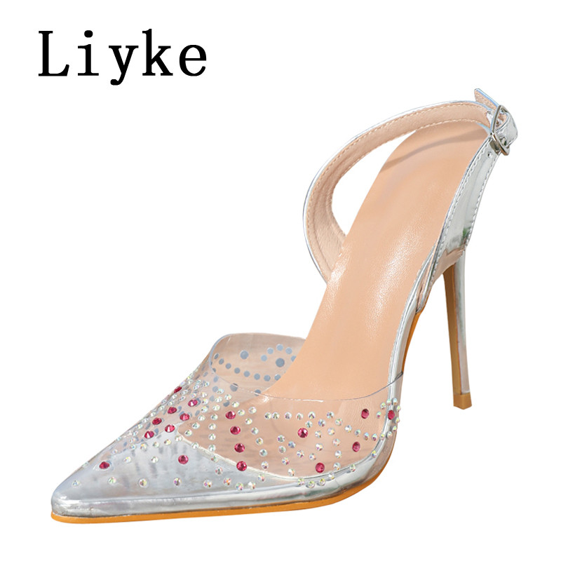 Liyke 2023 Nové PVC priehľadné dámske lodičky Sexy slingback vysoké podpätky farebné krištáľové špicaté špičky svadobné plesové sandále jarné topánky