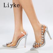 Liyke Elegantné dámske svadobné topánky na ples Sexy kovové nitované diamantové priehľadné vysoké podpätky lodičky z PVC špicatej špičky jehlové sandále