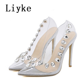 Liyke Елегантни дамски сватбени абитуриентски обувки Секси метални нитове Диамантени прозрачни обувки на висок ток Помпи PVC остри пръсти Стилет сандали