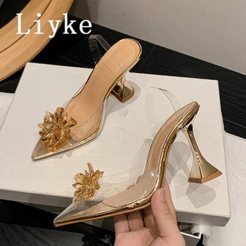 Liyke Странен стил Прозрачни помпи на високи токчета Дамски сватбени обувки за жени Булка Модни дизайнерски сандали с кристални цветя
