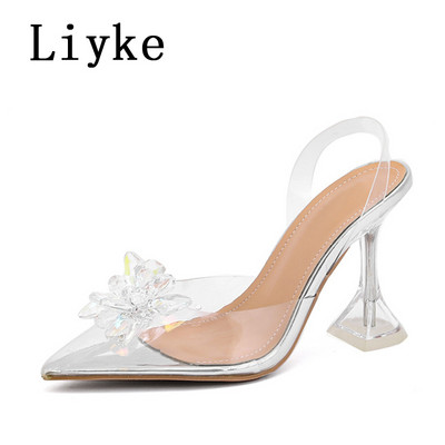 Liyke Prozirne cipele na visoku potpeticu čudnog stila Ženske vjenčane cipele za žene Modne mladenke Dizajnerske sandale s kristalnim cvijećem