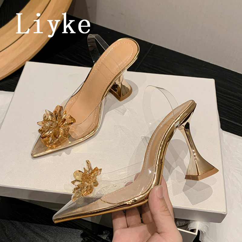 Liyke Prozirne cipele na visoku potpeticu čudnog stila Ženske vjenčane cipele za žene Modne mladenke Dizajnerske sandale s kristalnim cvijećem