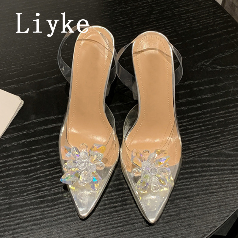 Liyke Prozirne cipele na visoku potpeticu čudnog stila Ženske vjenčane cipele za žene Modne mladenke Dizajnerske sandale s kristalnim cvijećem