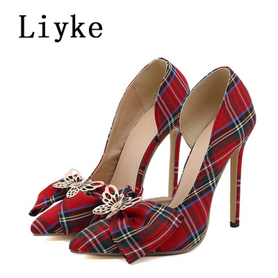Liyke Toamna Lattice Denim Mare Fluture-Nod Femei Pompe Sandale Cu vârf ascuțit Catâri Stripper Tocuri înalte Pantofi de damă