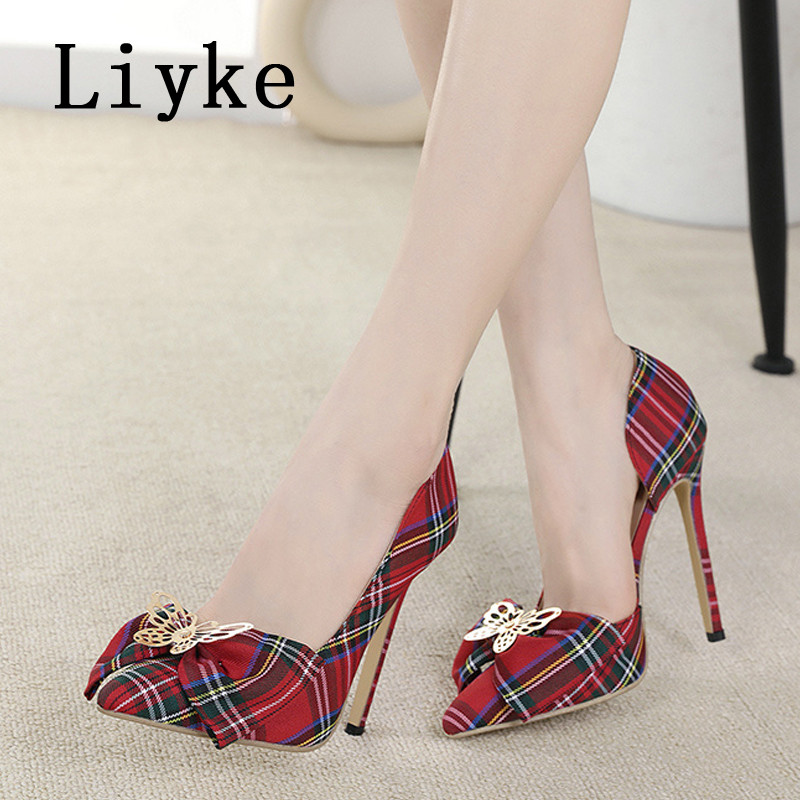 Liyke Toamna Lattice Denim Mare Fluture-Nod Femei Pompe Sandale Cu vârf ascuțit Catâri Stripper Tocuri înalte Pantofi de damă