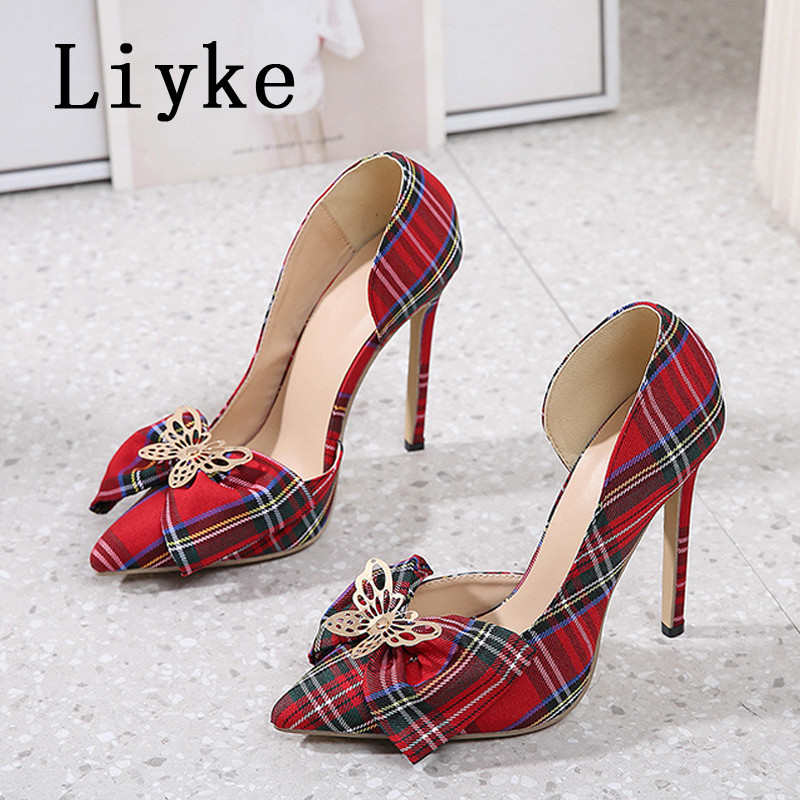 Liyke Toamna Lattice Denim Mare Fluture-Nod Femei Pompe Sandale Cu vârf ascuțit Catâri Stripper Tocuri înalte Pantofi de damă