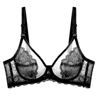 Meizimei Ultra-tanka košarica Seksi čipkano donje rublje Prozirni grudnjak za žene Top donje rublje BH Udoban prozračni grudnjak Crni 34D