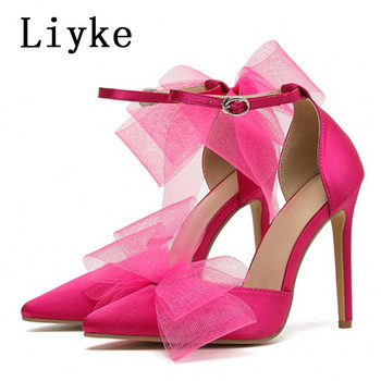 Liyke 2023 New Silk Bowknot Κομψά γυναικεία πάρτι Γαμήλια παπούτσια Σέξι μυτερά δάχτυλα Ψηλοτάκουνα Pumps Σανδάλια Stiletto Mujer