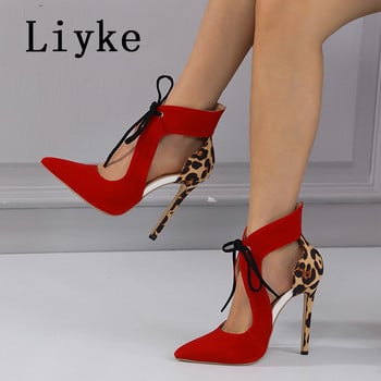 Liyke 2023 Нови секси червени дамски сандали с високи токчета с остри пръсти, летни парти обувки, обувки с леопардов принт, муле