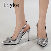 Liyke modne ženske cipele od srebrnih plisiranih kožnih tankih visokih potpetica, sandale na utikač, seksi cipele sa šiljatim prstima za maturalnu zabavu