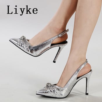 Модни дамски помпи Liyke с кристали, сребърни плисирани кожени тънки сандали на висок ток, сандали с гръб, секси парти обувки с остри пръсти
