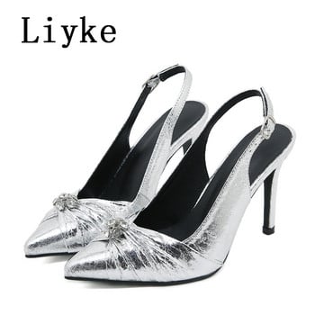 Модни дамски помпи Liyke с кристали, сребърни плисирани кожени тънки сандали на висок ток, сандали с гръб, секси парти обувки с остри пръсти