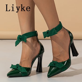 Liyke Fashion Design Lace Up Bowknot Women Pumps Пролетни остри пръсти Slingback Високи токчета Mules Сандали Дамски обувки Черно оранжево
