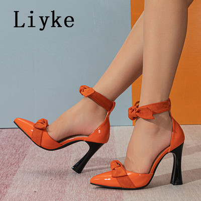 Liyke Fashion Design Ženske cipele s mašnom na vezanje Proljetne cipele sa šiljatim prstima Slingback Visoke potpetice Mule sandale Ženske cipele Crna narančasta