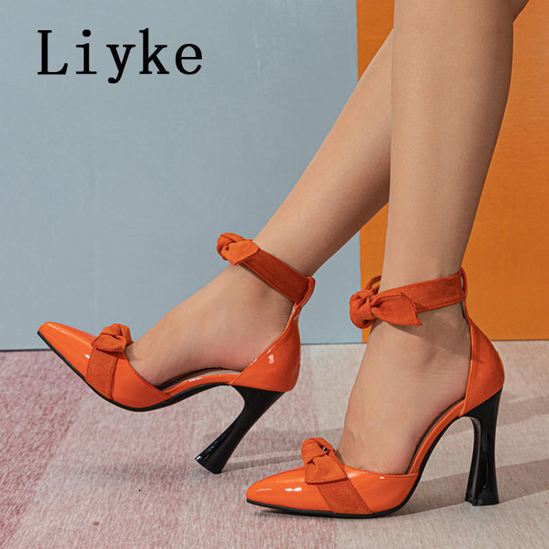 Liyke Fashion Design Ženske cipele s mašnom na vezanje Proljetne cipele sa šiljatim prstima Slingback Visoke potpetice Mule sandale Ženske cipele Crna narančasta