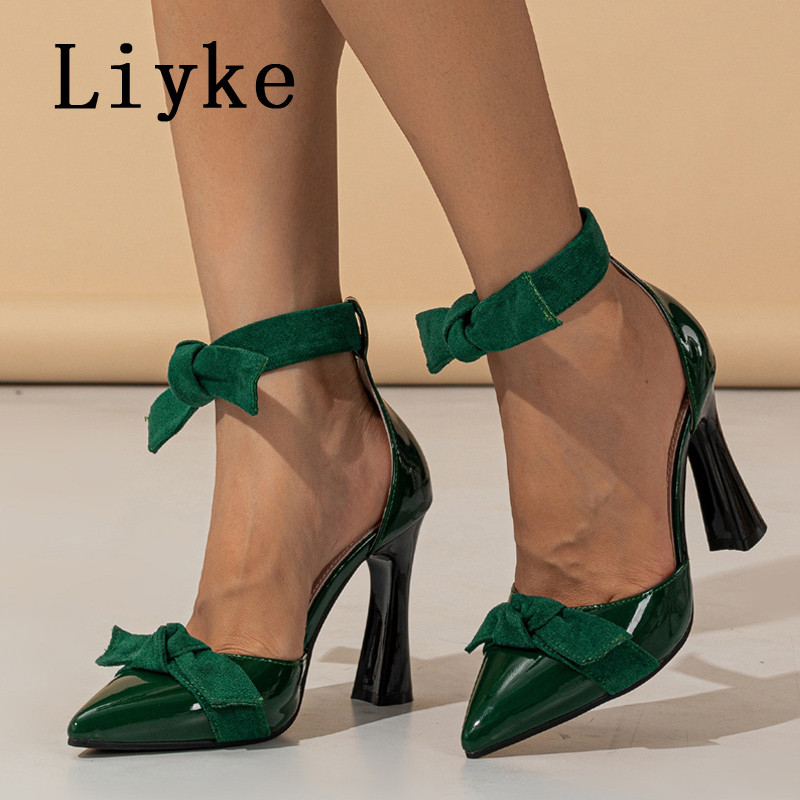 Liyke Fashion Design Ženske cipele s mašnom na vezanje Proljetne cipele sa šiljatim prstima Slingback Visoke potpetice Mule sandale Ženske cipele Crna narančasta