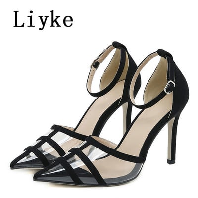 Liyke PVC transparent cu vârf ascuțit stiletto tocuri înalte sandale cu eșantă la modă cu cataramă pantofi cu curele pentru femei pantofi pentru femei