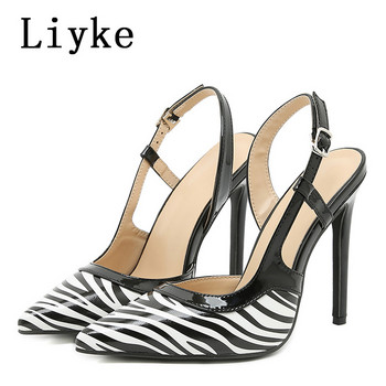 Liyke Секси дамски сандали с високи токчета с релеф, модни зеброви мотиви с остри пръсти и катарама с каишка тип обувки Дамски обувки с рокля