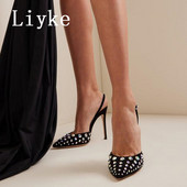 Liyke Veličina 35-42 Štikle Ženske crne cipele na visoku petu Party Prom Cipele Seksi cipele sa kamenčićima na šiljate prste Pumpice s kopčom Remenčići Sandale Ženske